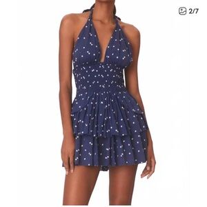LoveShackFancy Navy Blue Mini Dress with White Floral Pattern